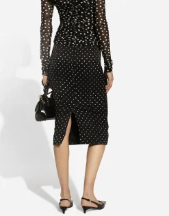 Charmeuse calf-length pencil skirt with polka-dot print