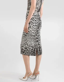 Charmeuse calf-length pencil skirt with leopard print