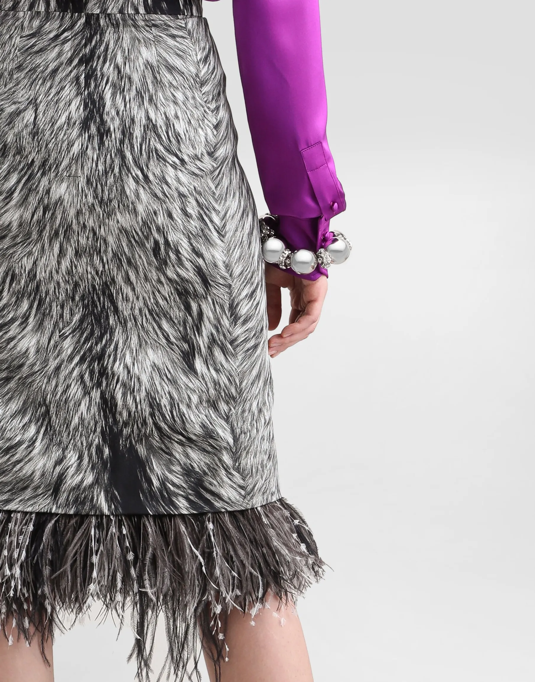 Charmeuse calf-length pencil skirt with fur print and feathered detailing