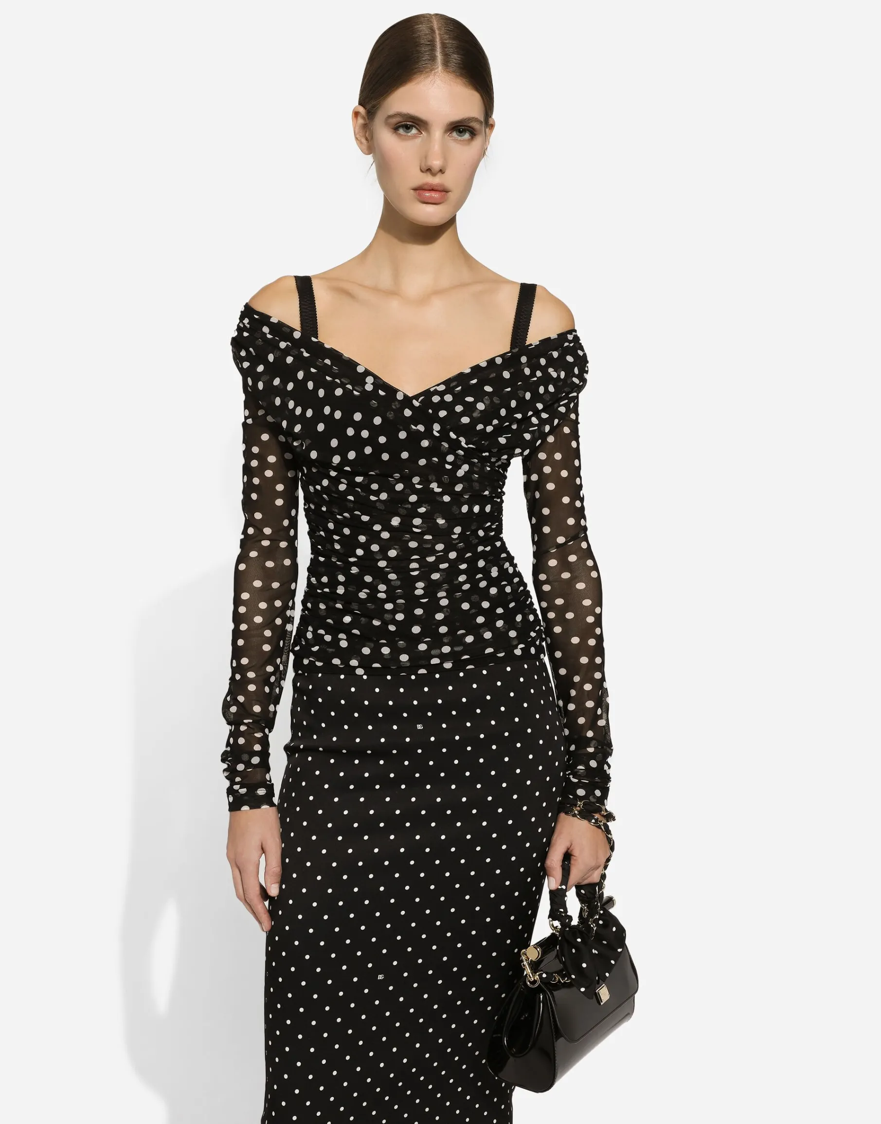Charmeuse calf-length pencil skirt with polka-dot print