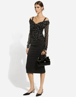 Charmeuse calf-length pencil skirt with polka-dot print