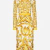 Charmeuse calf-length sheath dress with majolica print