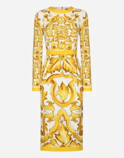 Charmeuse calf-length sheath dress with majolica print