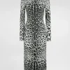 Charmeuse calf-length sheath dress with leopard print