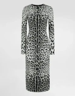 Charmeuse calf-length sheath dress with leopard print