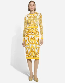 Charmeuse calf-length sheath dress with majolica print