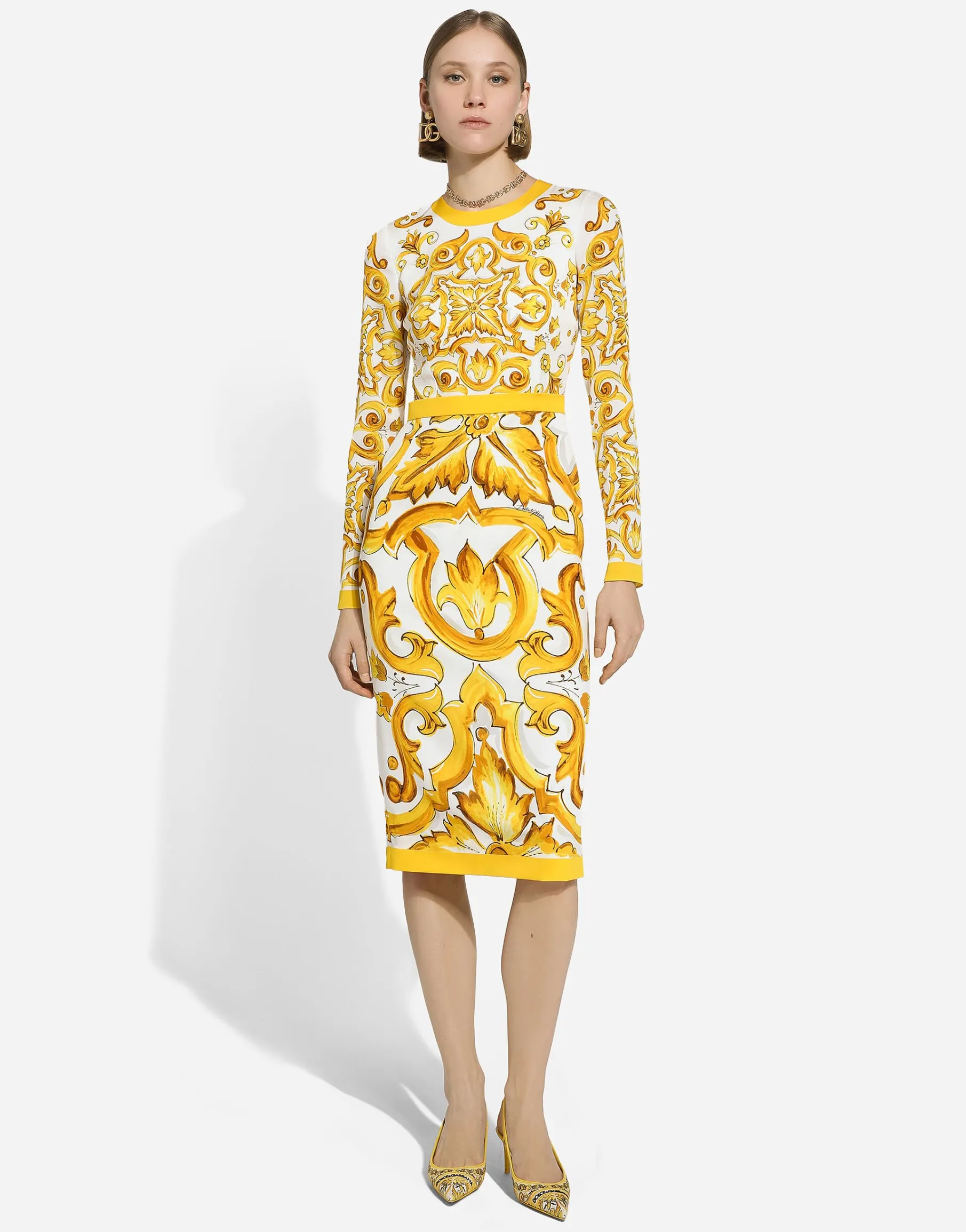 Charmeuse calf-length sheath dress with majolica print