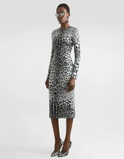 Charmeuse calf-length sheath dress with leopard print