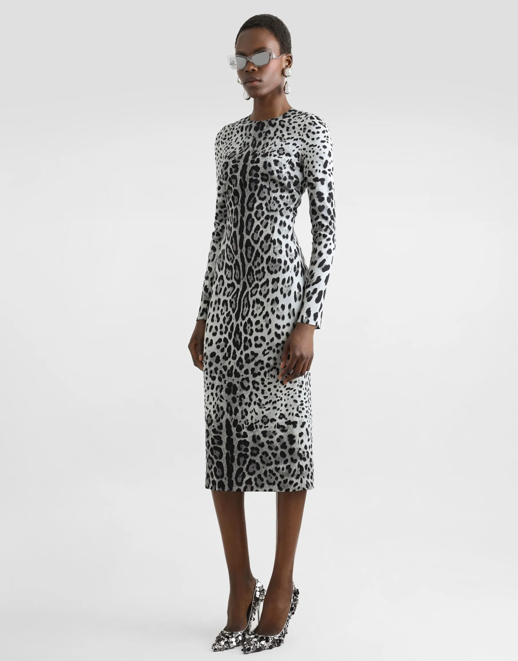 Charmeuse calf-length sheath dress with leopard print