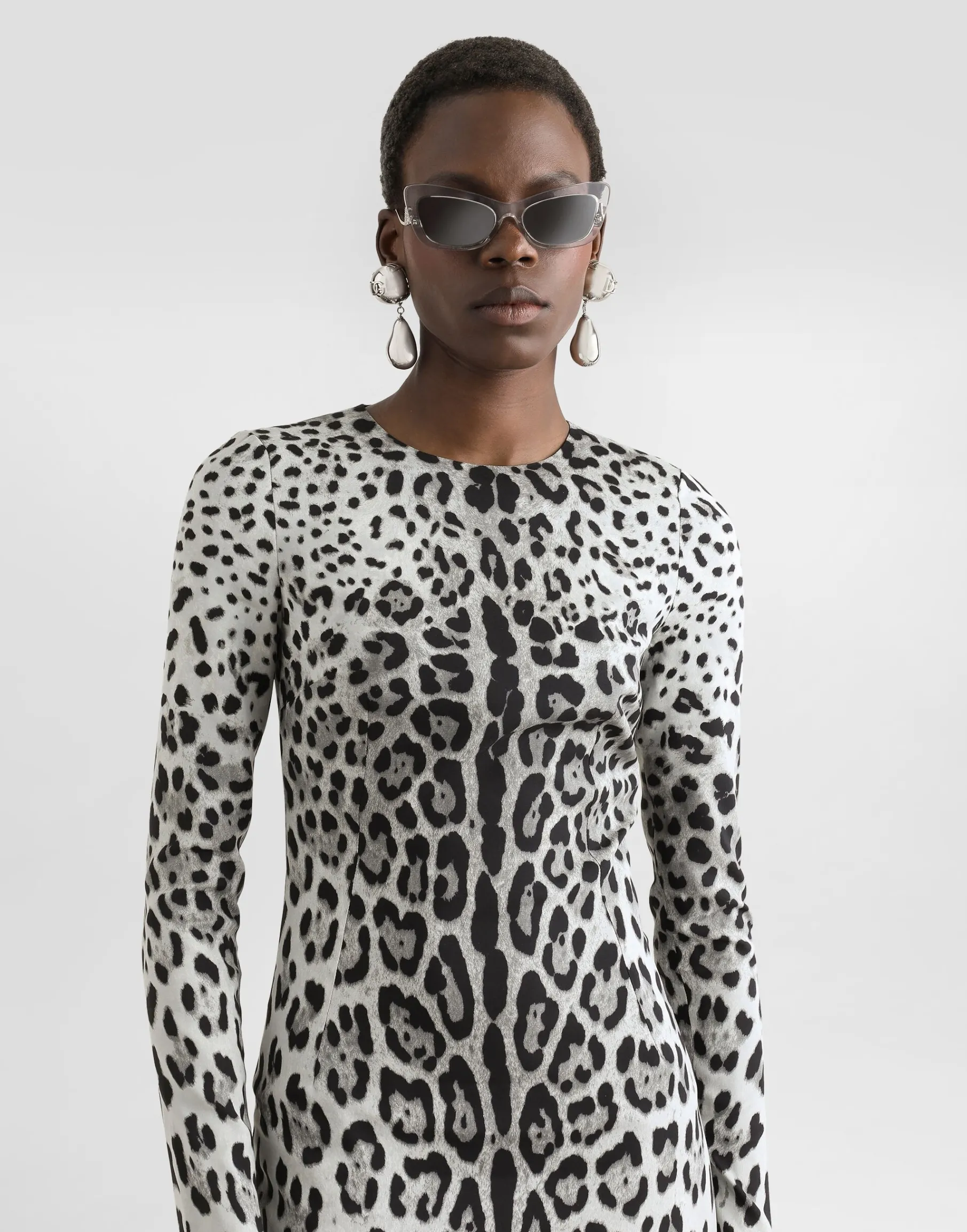 Charmeuse calf-length sheath dress with leopard print
