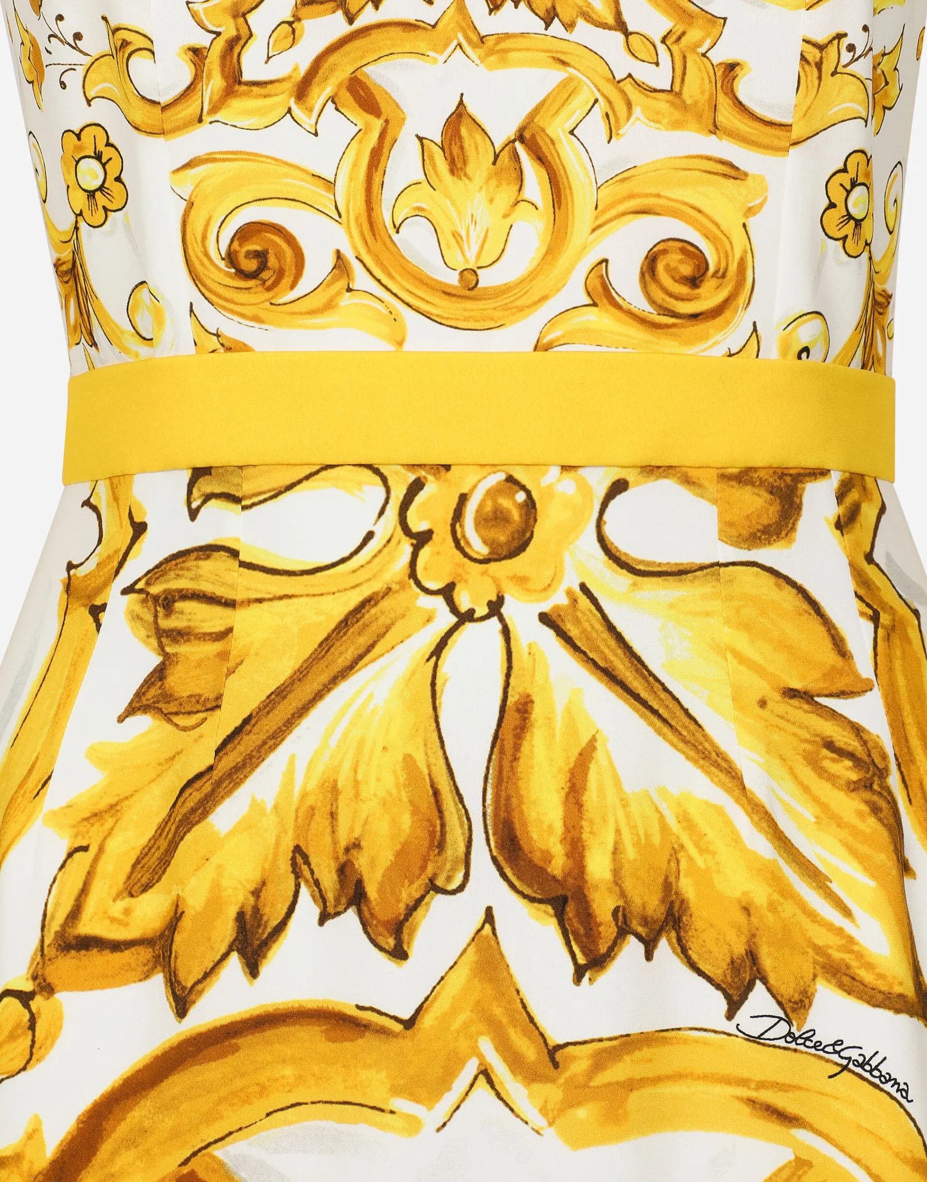 Charmeuse calf-length sheath dress with majolica print