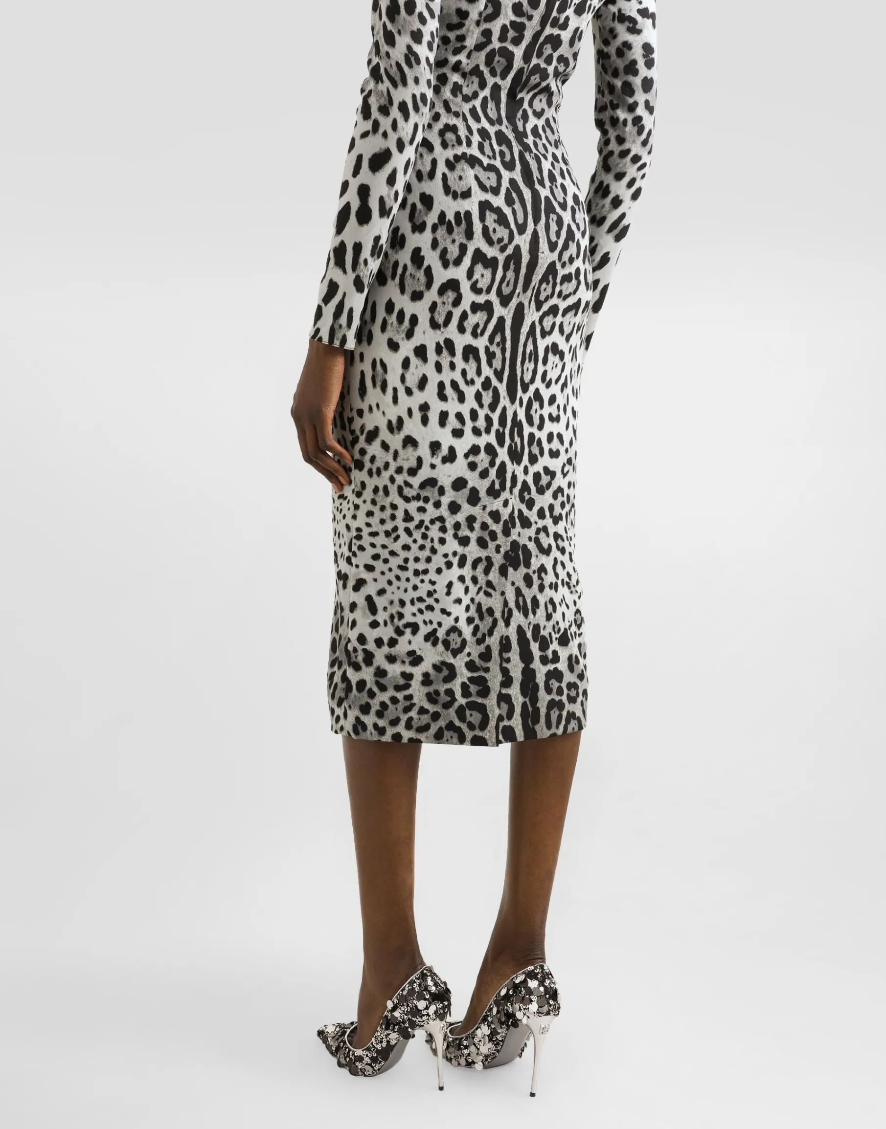 Charmeuse calf-length sheath dress with leopard print