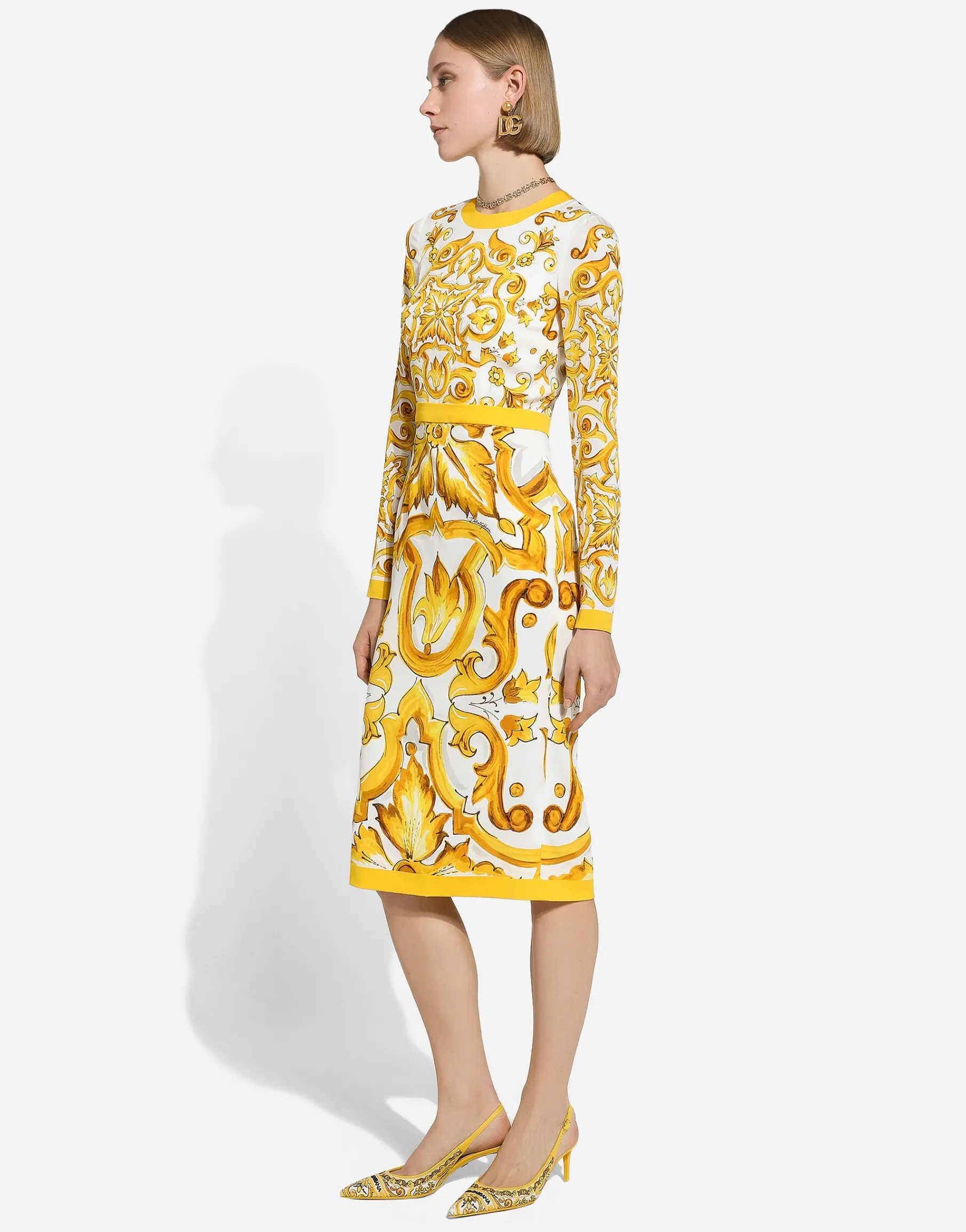 Charmeuse calf-length sheath dress with majolica print