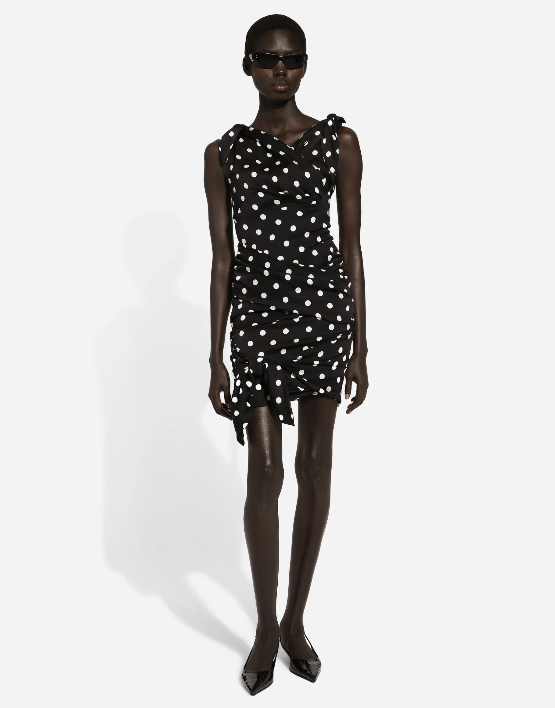 Charmeuse midi dress with draping and polka-dot print