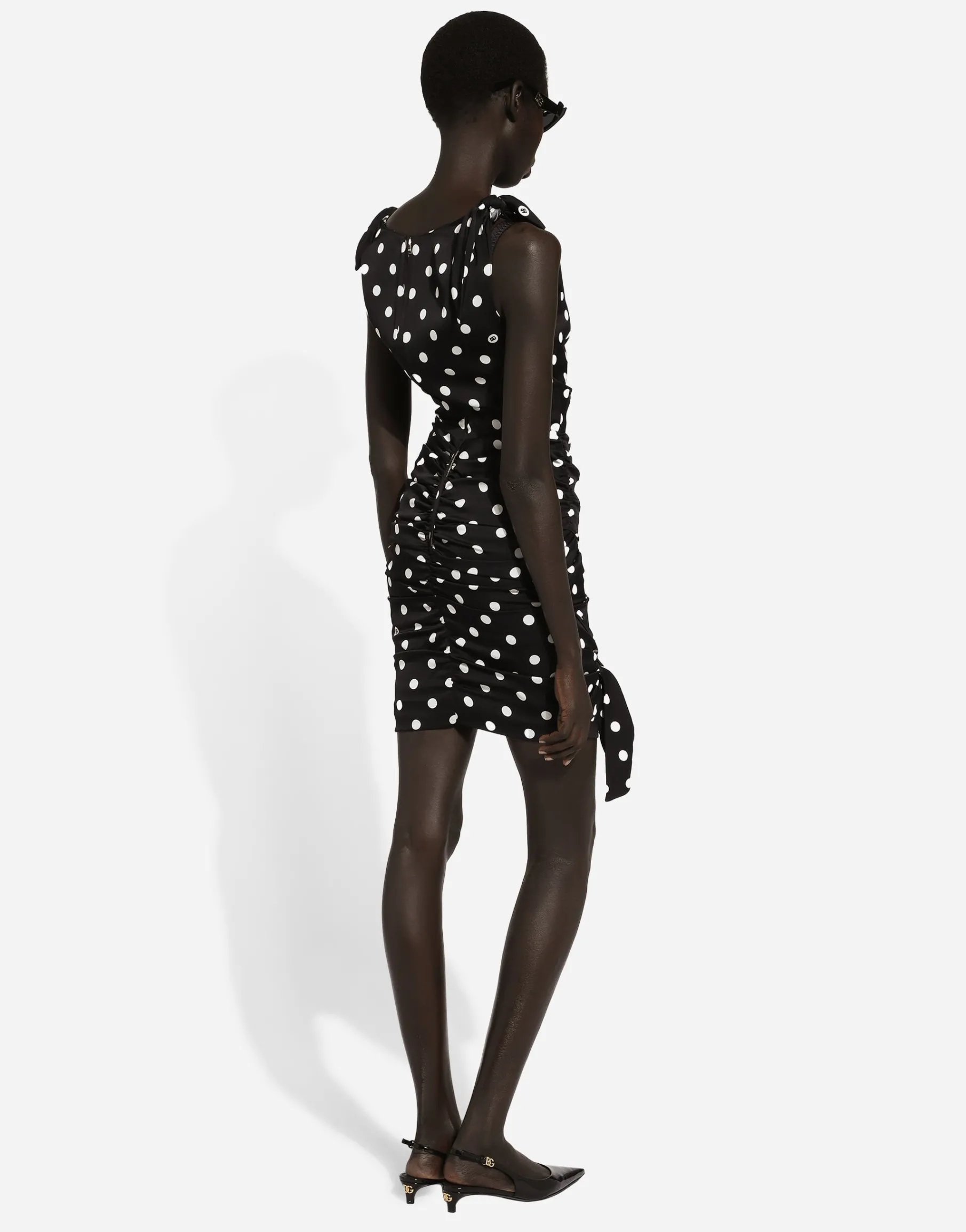 Charmeuse midi dress with draping and polka-dot print