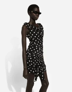 Charmeuse midi dress with draping and polka-dot print