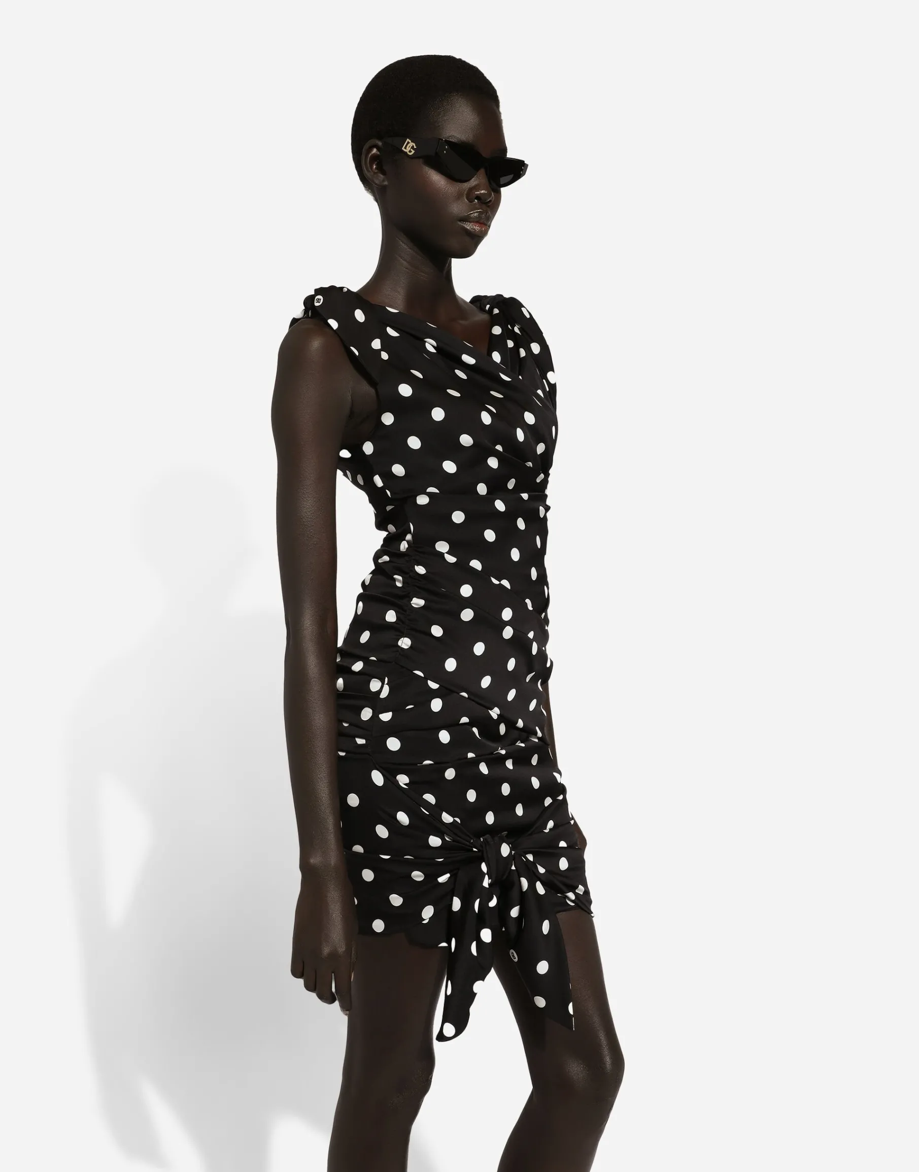 Charmeuse midi dress with draping and polka-dot print