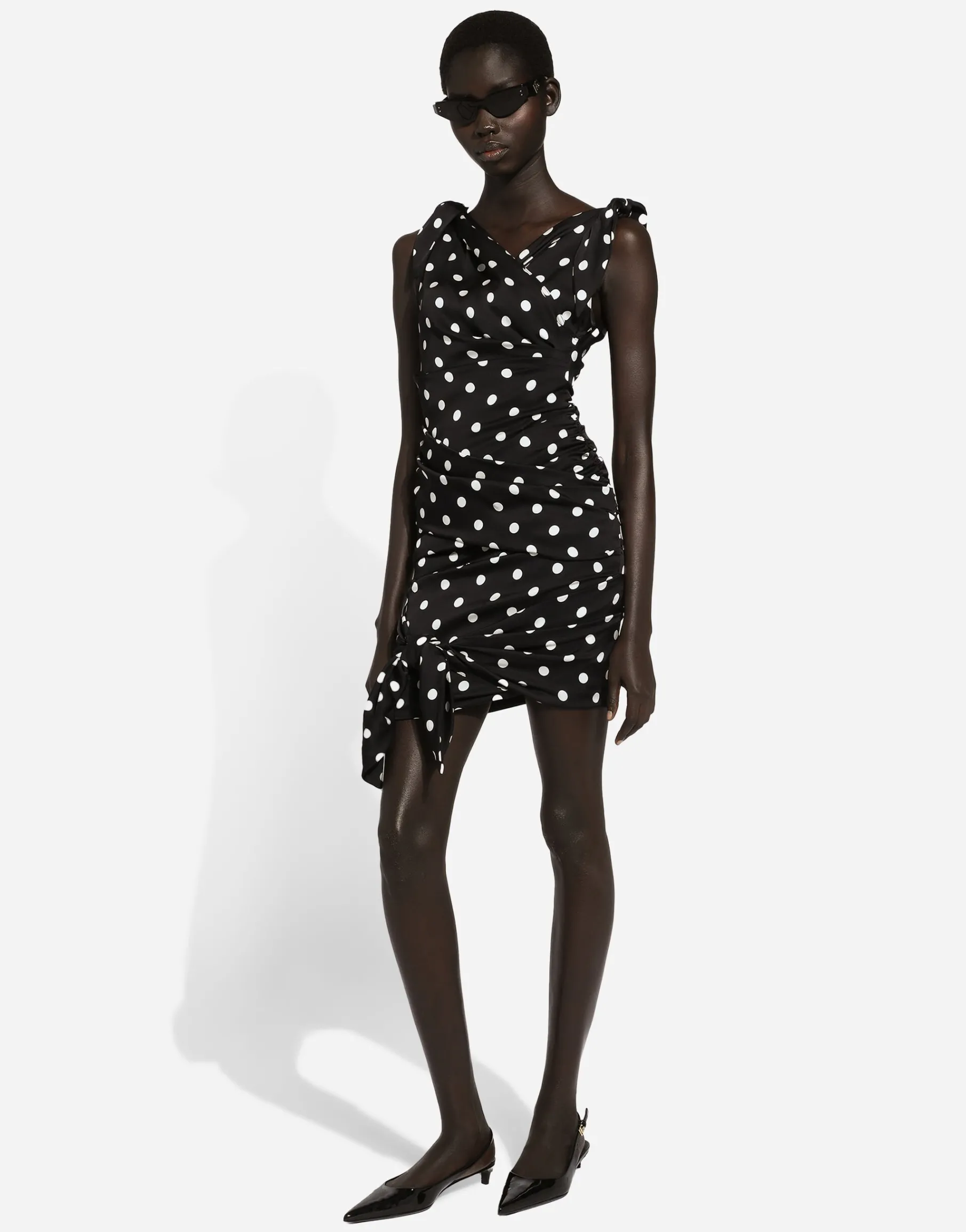 Charmeuse midi dress with draping and polka-dot print