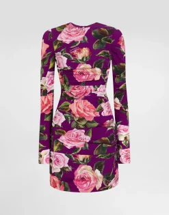 Charmeuse midi sheath dress with draping and rose print