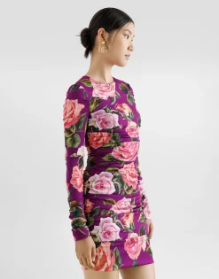 Charmeuse midi sheath dress with draping and rose print