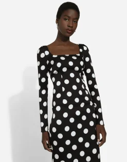 Charmeuse sheath dress with macro polka-dot print