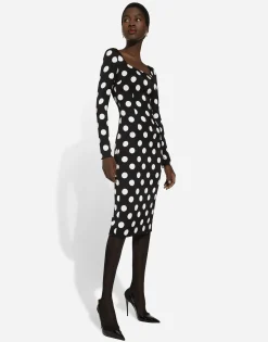 Charmeuse sheath dress with macro polka-dot print