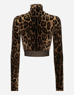 Chenille turtle-neck top with jacquard leopard design