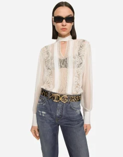Chiffon and lace pussy-bow blouse