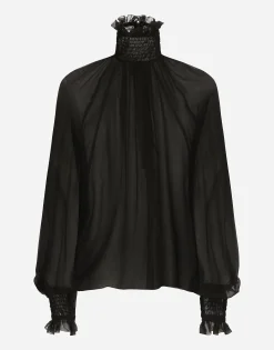 Chiffon blouse with smock-stitch detailing