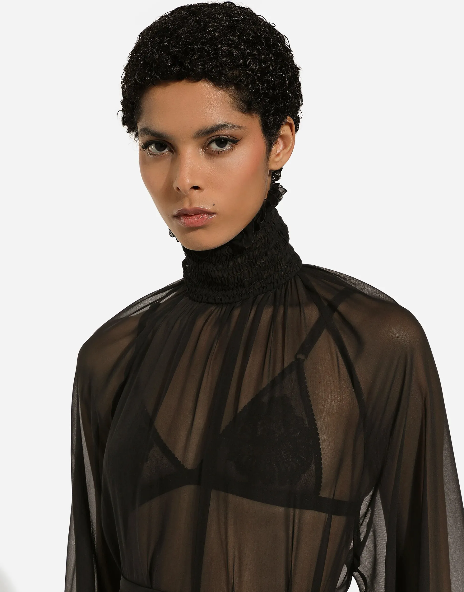 Chiffon blouse with smock-stitch detailing