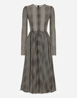 Chiffon calf-length circle skirt with glen plaid print