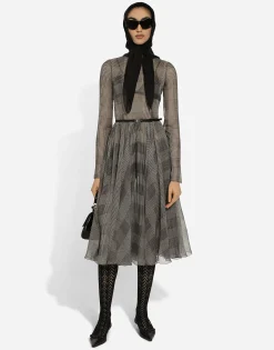Chiffon calf-length circle skirt with glen plaid print