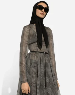 Chiffon calf-length circle skirt with glen plaid print