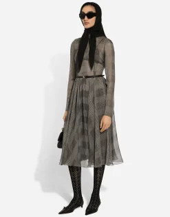 Chiffon calf-length circle skirt with glen plaid print