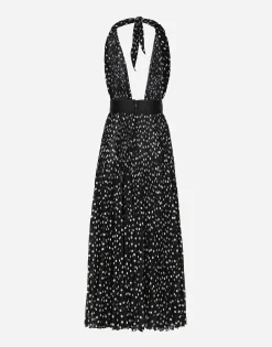Chiffon calf-length dress with plunging neckline and polka-dot print