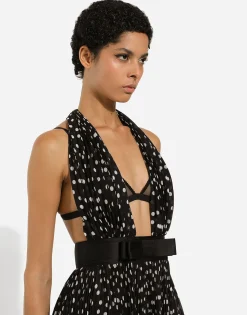 Chiffon calf-length dress with plunging neckline and polka-dot print