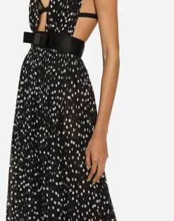 Chiffon calf-length dress with plunging neckline and polka-dot print