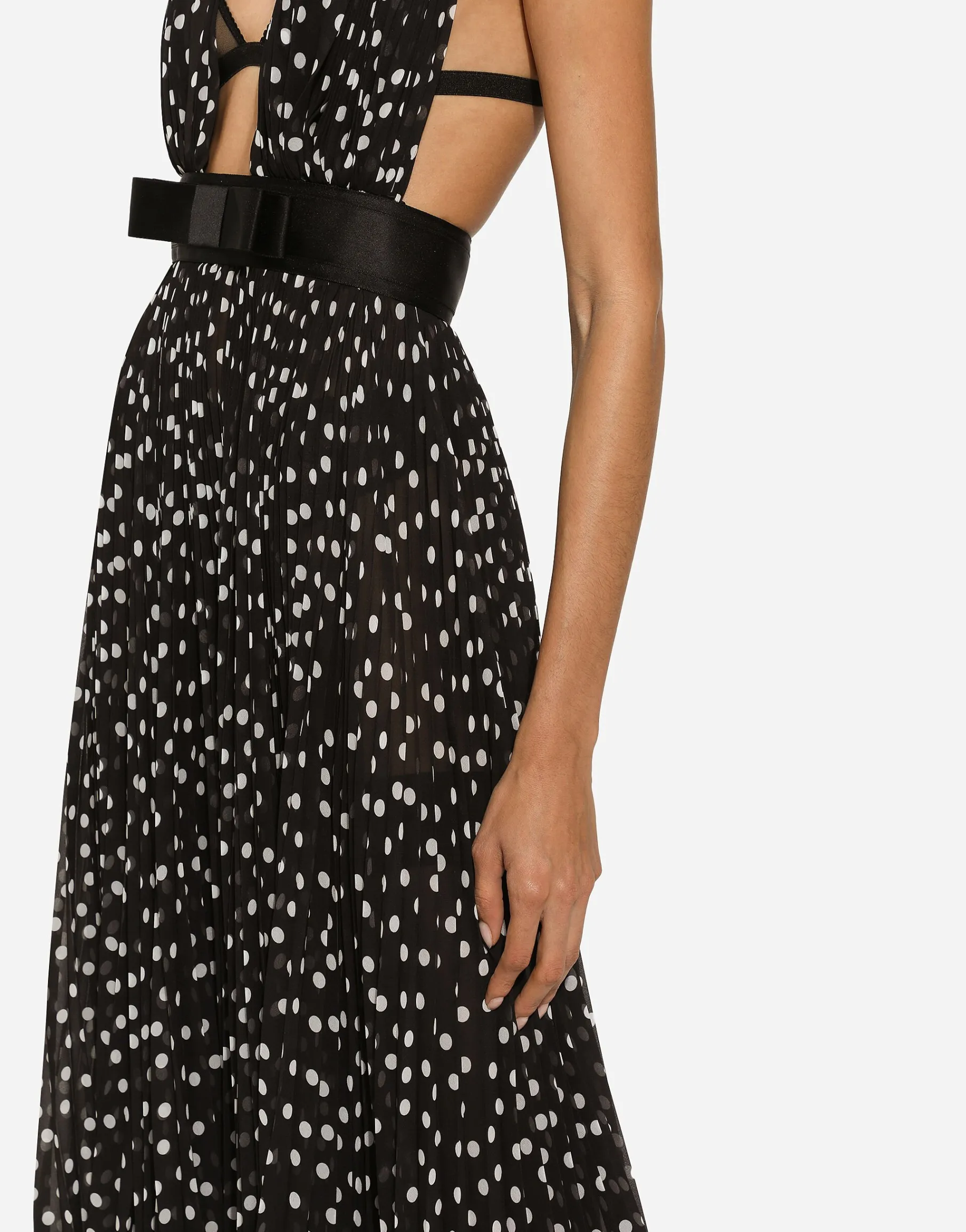 Chiffon calf-length dress with plunging neckline and polka-dot print