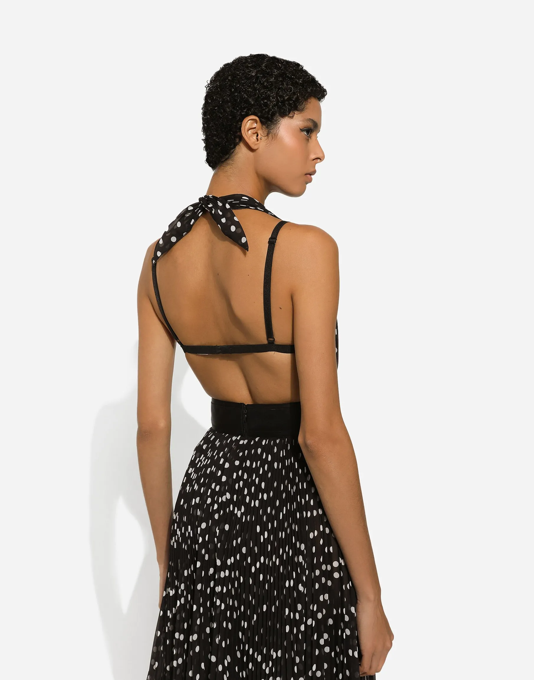 Chiffon calf-length dress with plunging neckline and polka-dot print
