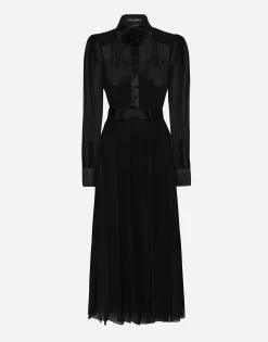 Chiffon calf-length shirt dress with satin details