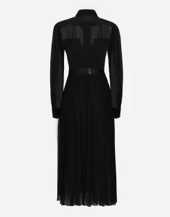 Chiffon calf-length shirt dress with satin details