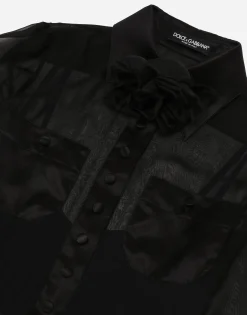 Chiffon calf-length shirt dress with satin details