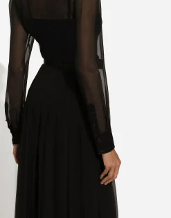 Chiffon calf-length shirt dress with satin details