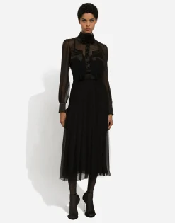 Chiffon calf-length shirt dress with satin details
