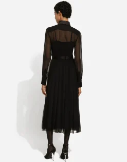 Chiffon calf-length shirt dress with satin details