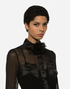 Chiffon calf-length shirt dress with satin details