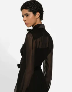Chiffon calf-length shirt dress with satin details