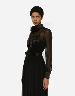 Chiffon calf-length shirt dress with satin details