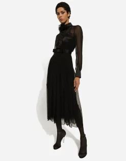 Chiffon calf-length shirt dress with satin details