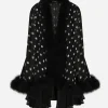 Chiffon cape with polka-dot print and marabou trim
